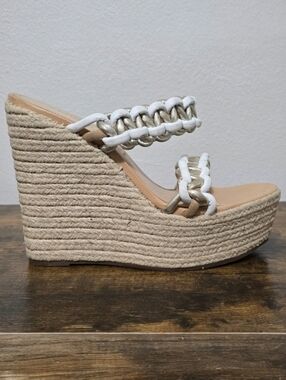 SCHUTZ Juliet White Gold Woven Leather Platform Espadrille Wedge Sandal 10 B
